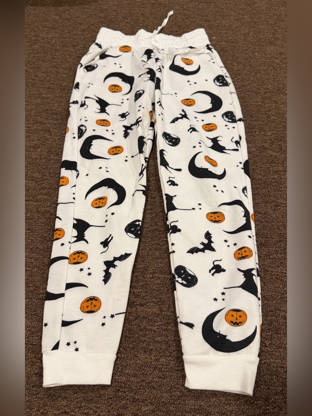 EUC Women's S Halloween "if it were me" White Jogger Pants Black Moon Witch